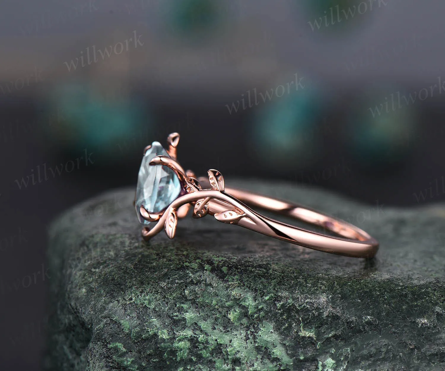 Oval cut aquamarine engagement ring 14k rose gold art deco solitaire leaf flower nature inspired engagement ring March birthstone ring women sold by Willwork Jewelry product image thumbnail 5