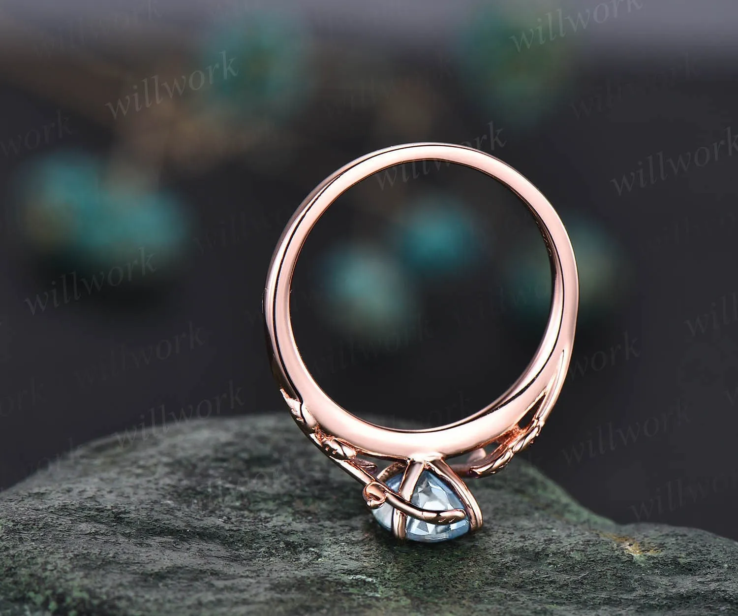 Oval cut aquamarine engagement ring 14k rose gold art deco solitaire leaf flower nature inspired engagement ring March birthstone ring women sold by Willwork Jewelry product image thumbnail 4