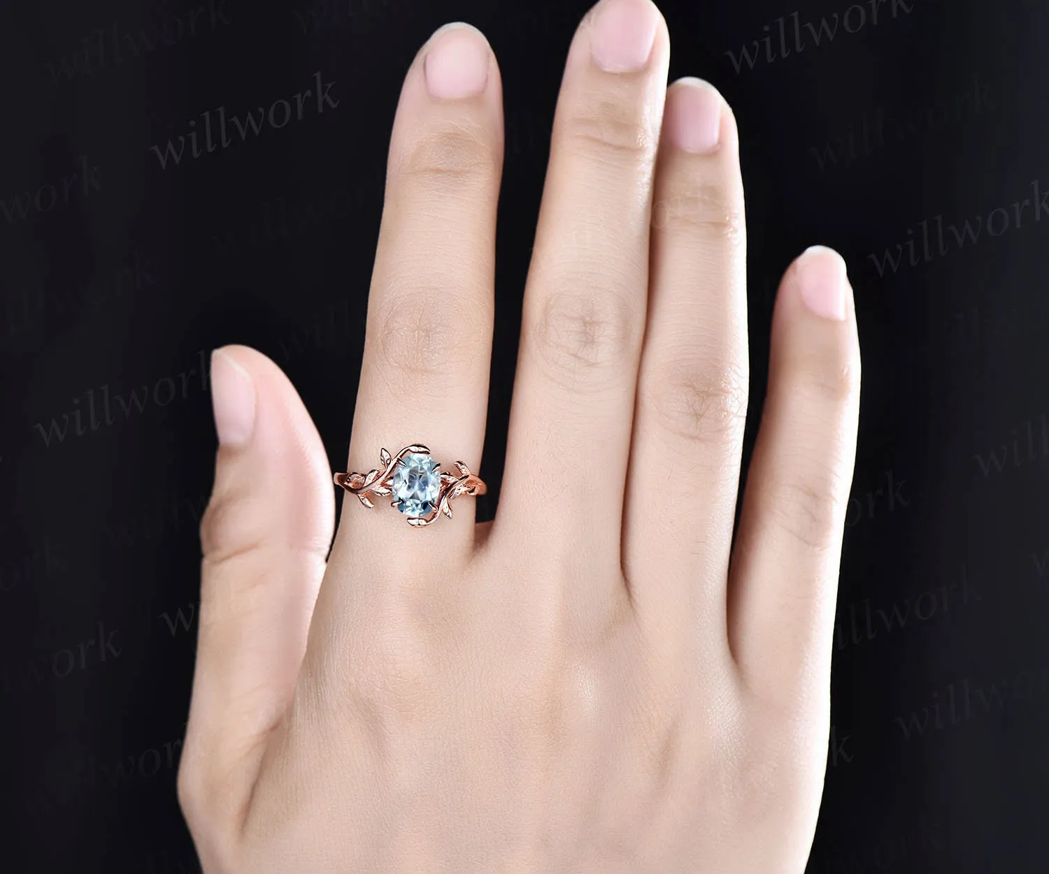 Oval cut aquamarine engagement ring 14k rose gold art deco solitaire leaf flower nature inspired engagement ring March birthstone ring women sold by Willwork Jewelry product image thumbnail 2