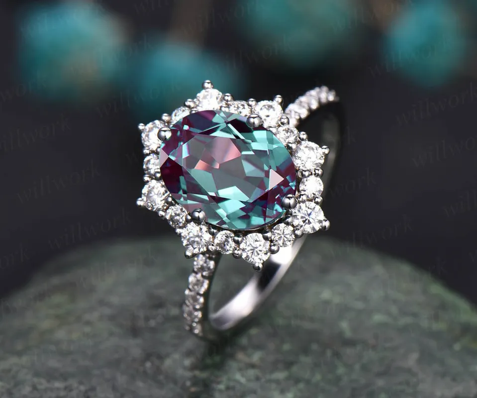 2ct Unique oval cut Alexandrite engagement ring white gold cluster halo moissanite ring antique half eternity wedding bridal ring for women gift sold by Willwork Jewelry