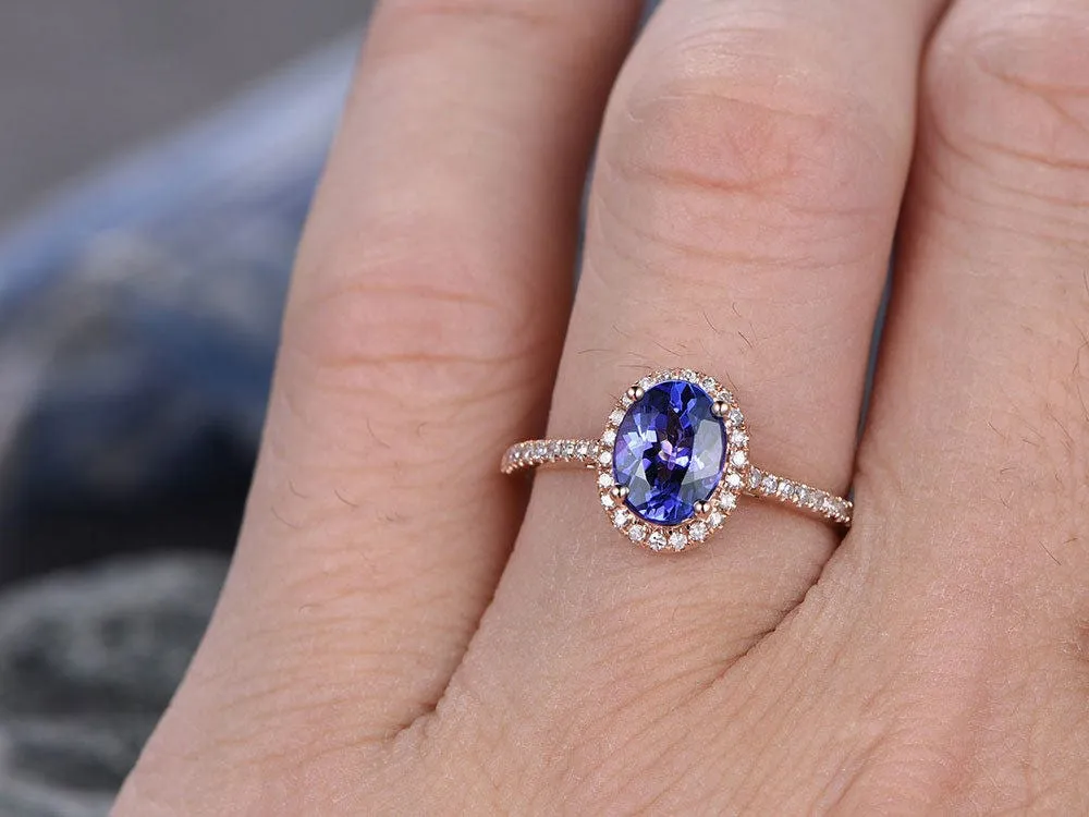 Blue Tanzanite engagement ring-Solid 14k rose gold-handmade diamond ring-Halo stacking band-6x8mm Oval cut gemstone promise ring sold by Willwork Jewelry product image thumbnail 2