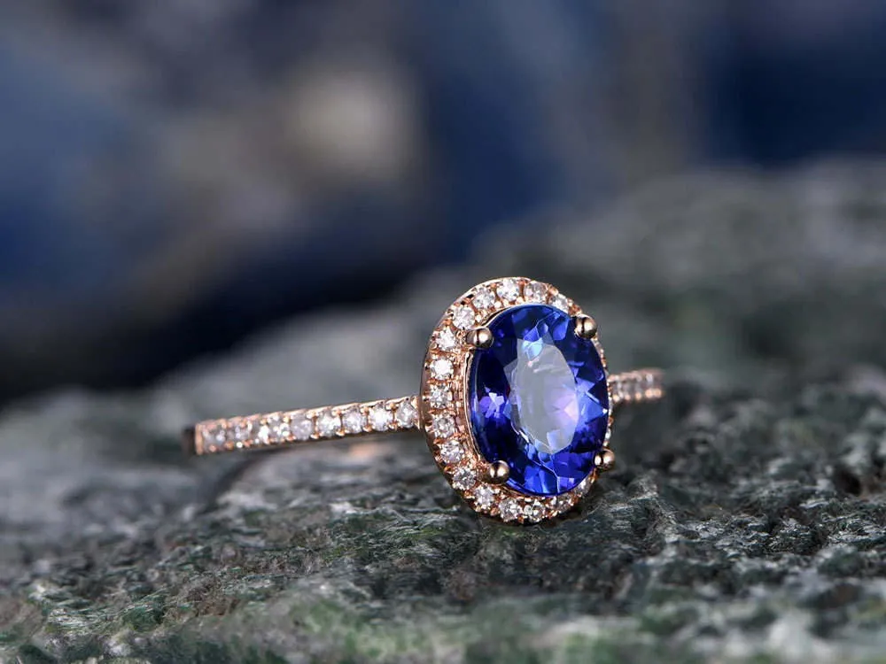 Blue Tanzanite engagement ring-Solid 14k rose gold-handmade diamond ring-Halo stacking band-6x8mm Oval cut gemstone promise ring sold by Willwork Jewelry product image thumbnail 3