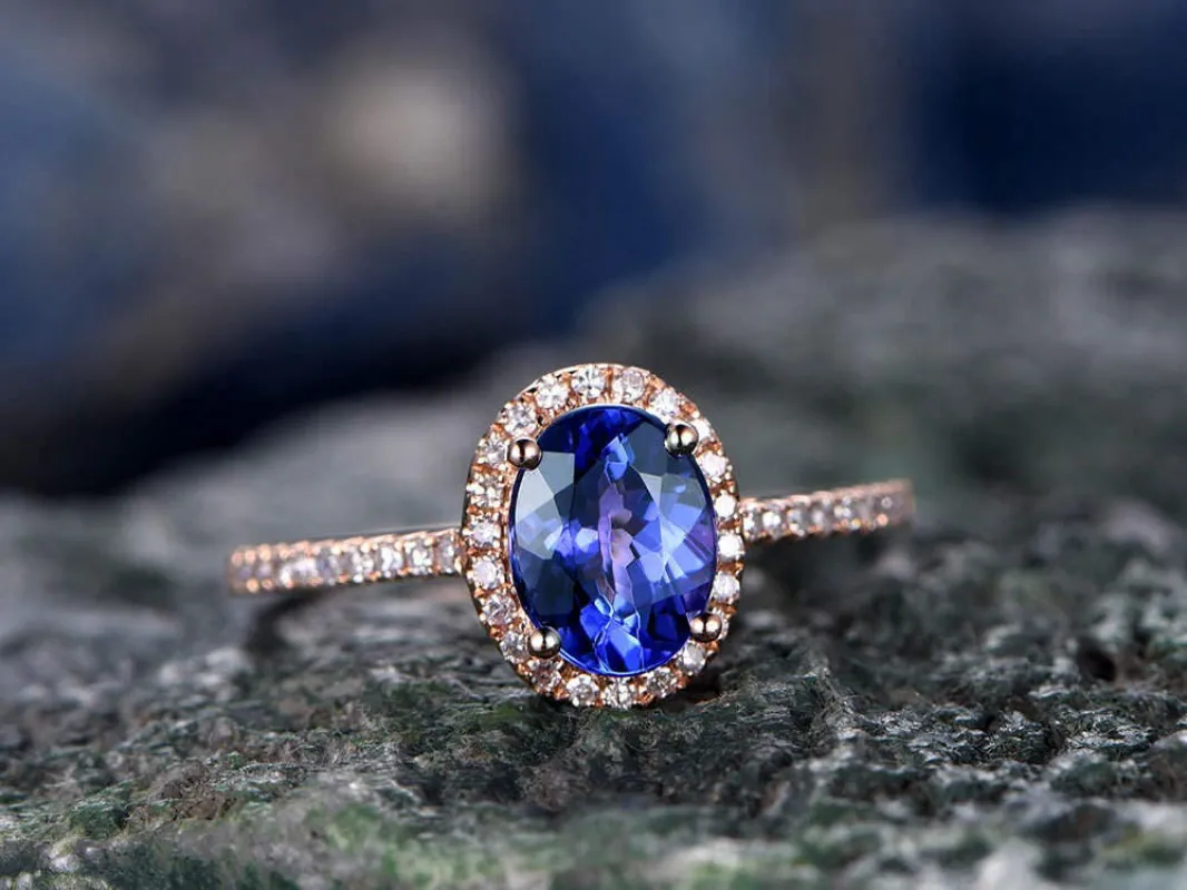 Blue Tanzanite engagement ring-Solid 14k rose gold-handmade diamond ring-Halo stacking band-6x8mm Oval cut gemstone promise ring made by Willwork Jewelry
