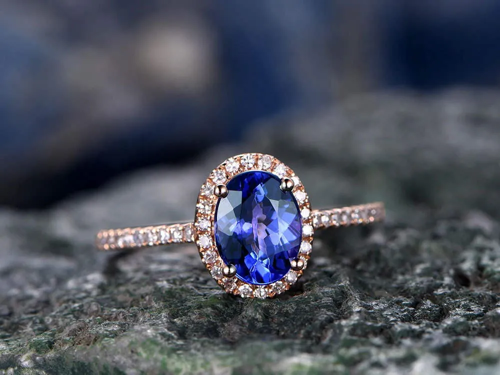 Blue Tanzanite engagement ring-Solid 14k rose gold-handmade diamond ring-Halo stacking band-6x8mm Oval cut gemstone promise ring sold by Willwork Jewelry