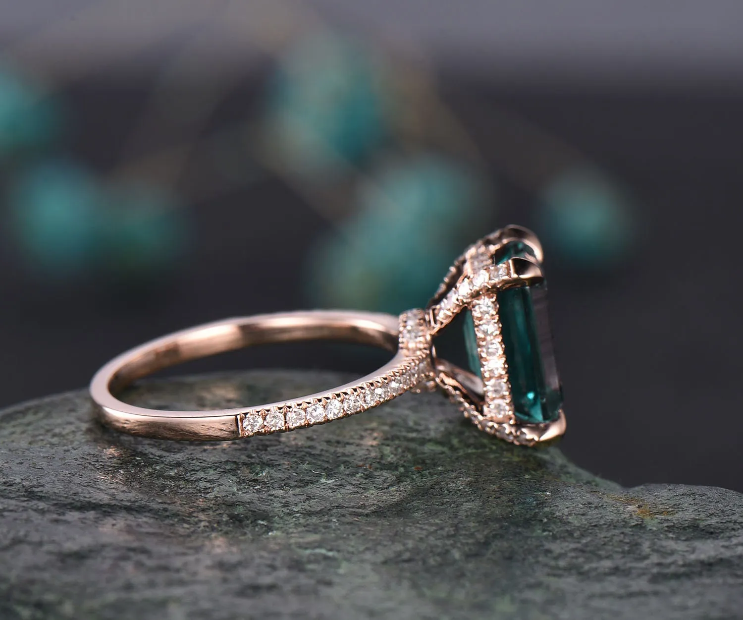 Emerald cut engagement ring vintage emerald engagement ring rose gold under halo basket diamond ring unique dainty jewelry bridal ring gift sold by Willwork Jewelry product image thumbnail 4