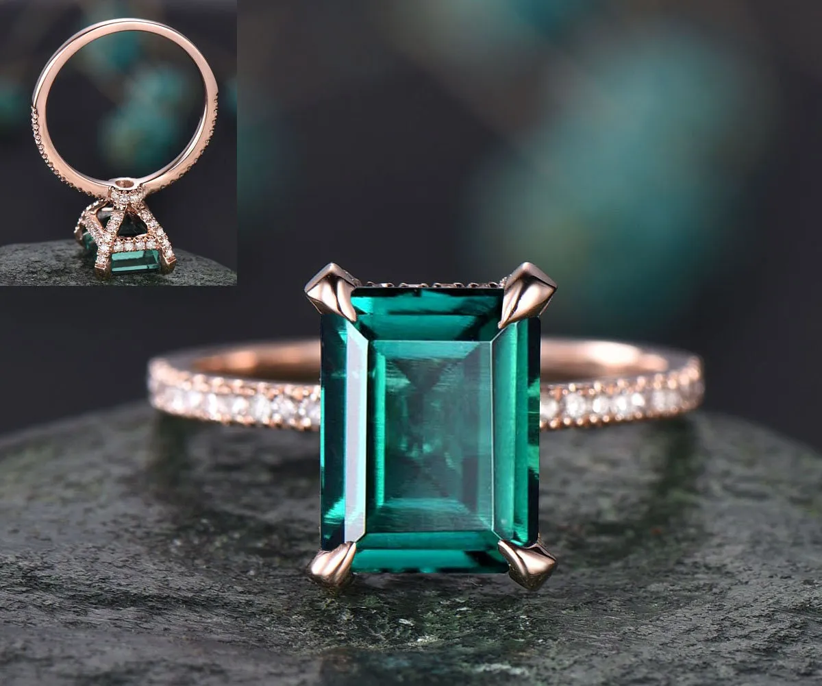 Emerald cut engagement ring vintage emerald engagement ring rose gold under halo basket diamond ring unique dainty jewelry bridal ring gift sold by Willwork Jewelry