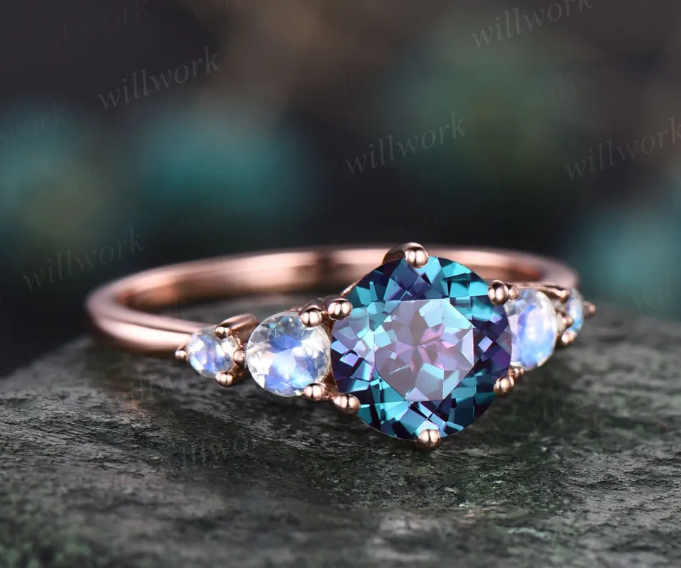 Alexandrite ring minimalist vintage round Alexandrite engagement ring five stone moonstone ring rose gold silver for women promise ring gift sold by Willwork Jewelry