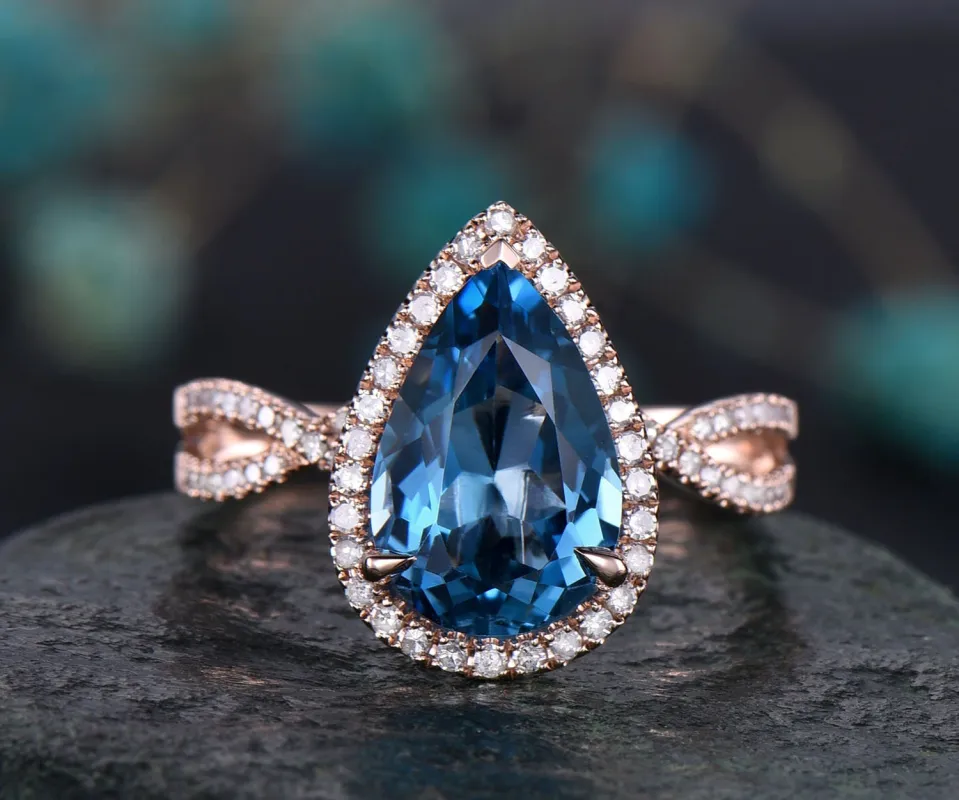Infinity Diamond halo ring 8x12mm pear London blue topaz engagement ring 14k rose gold topaz ring gold vintage November birthstone ring gift made by Willwork Jewelry