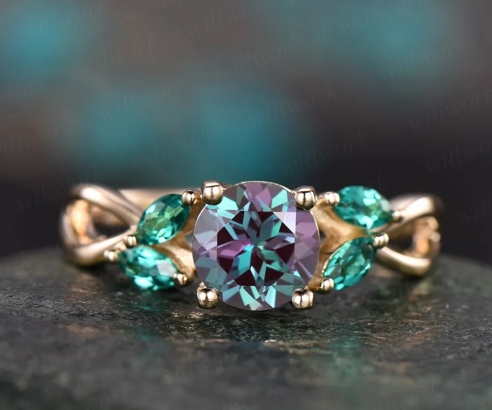 Color change Alexandrite engagement ring rose gold marquise emerald ring vintage Alexandrite ring for women Alexandrite jewelry bridal ring sold by Willwork Jewelry