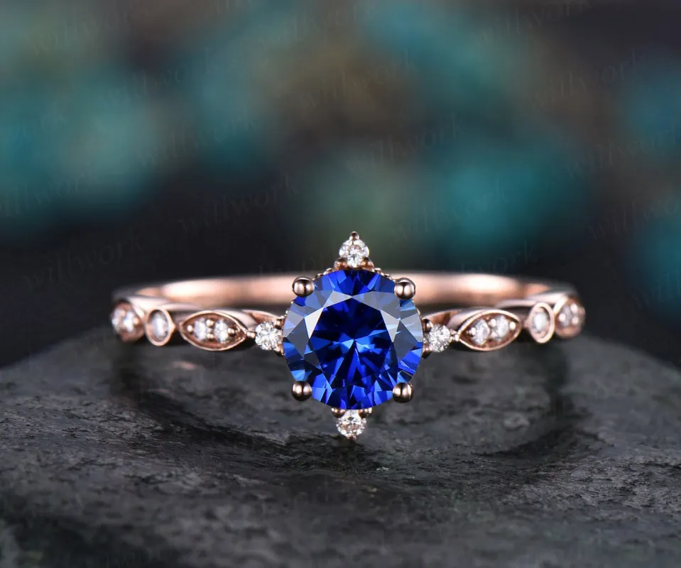 Art deco blue sapphire ring gold vintage sapphire engagement ring 14k rose gold diamond ring unique design for women wedding bridal ring sold by Willwork Jewelry
