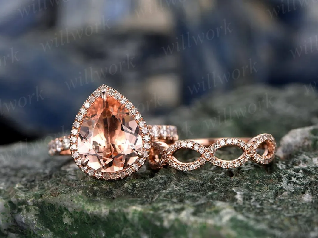 2pcs tear dropped morganite engagement ring set 14k rose gold matching band diamond halo big gift wedding bridal promise ring set for her made by Willwork Jewelry