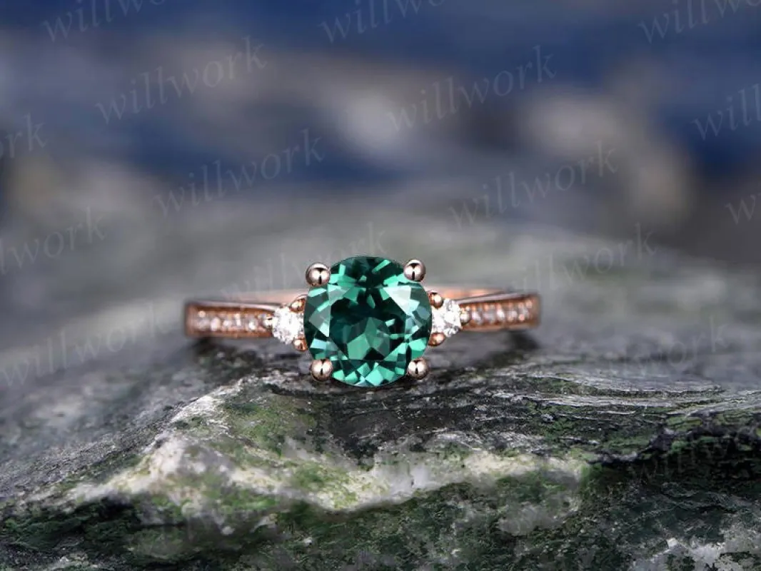 Three stone emerald engagement ring solid 14k rose gold ring real diamond ring emerald ring vintage may birthstone wedding promise ring sold by Willwork Jewelry