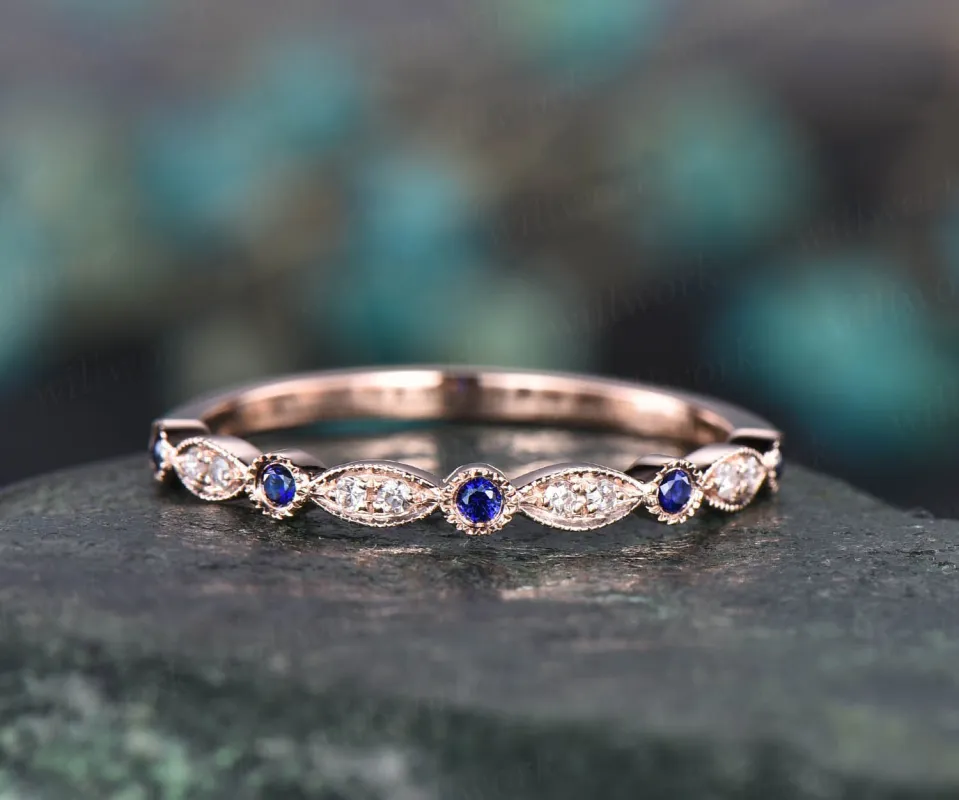 Art deco natural sapphire ring rose gold women marquise ring setting Milgrain vintage diamond wedding ring band September birthstone ring sold by Willwork Jewelry