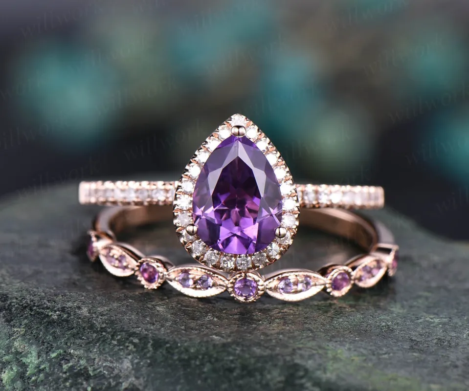 Amethyst engagement ring solid 14k White rose gold pear cut engagement ring amethyst wedding ring 2pc bridal set birthstone anniversary gift sold by Willwork Jewelry