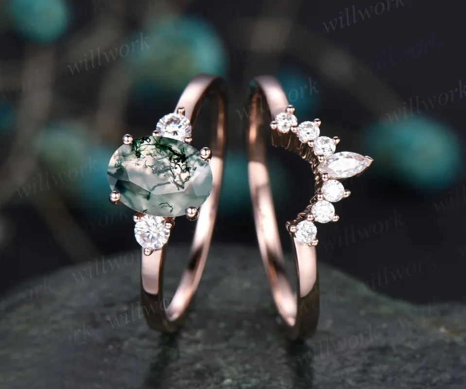 Oval cut green moss agate ring gold silver vintage unique engagement ring set rose gold three stone moissanite bridal wedding ring for women sold by Willwork Jewelry