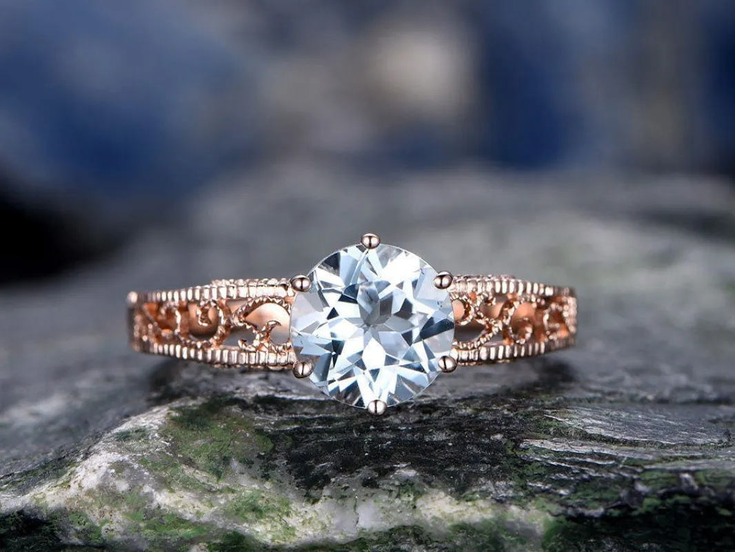 Blue Aquamarine engagement ring-Solid 14k Rose gold-handmade solitaire ring-Filigree ring-Round shape gemstone promise ring sold by Willwork Jewelry