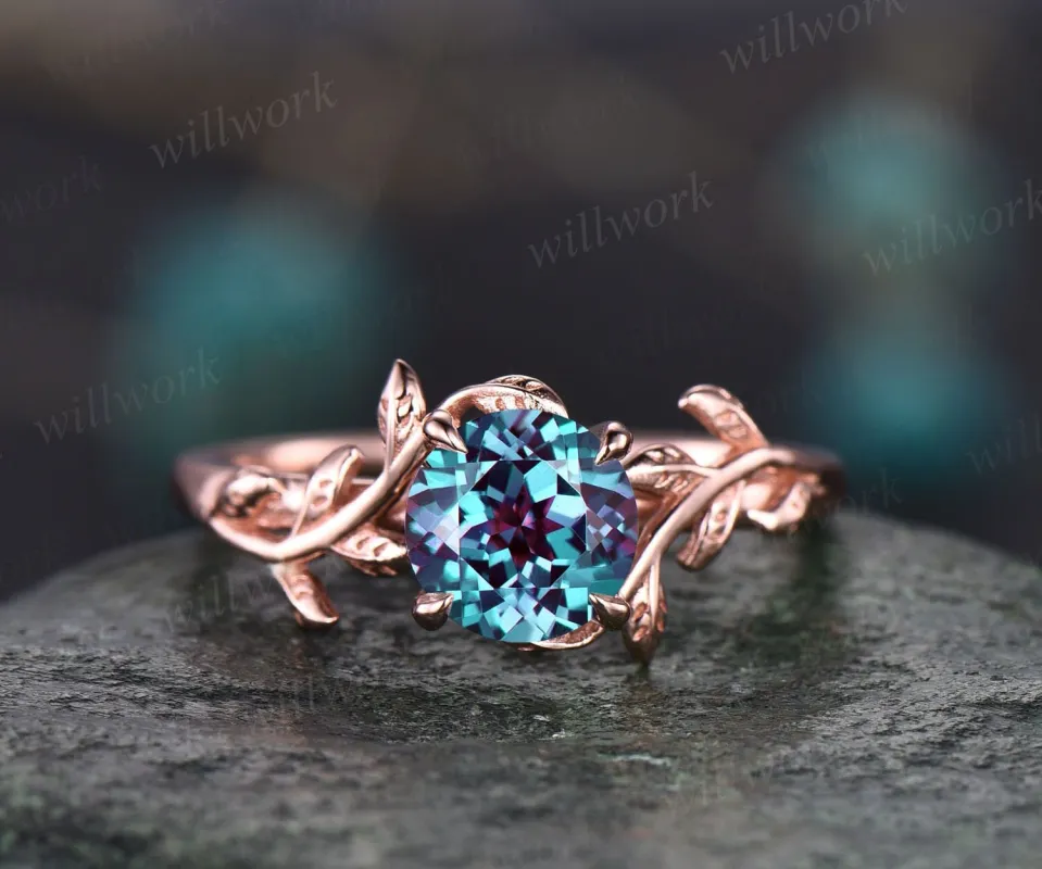 Vintage round cut Alexandrite engagement ring leaf flower unique solitaire 14k rose gold engagement ring art deco 1ct wedding ring for women sold by Willwork Jewelry