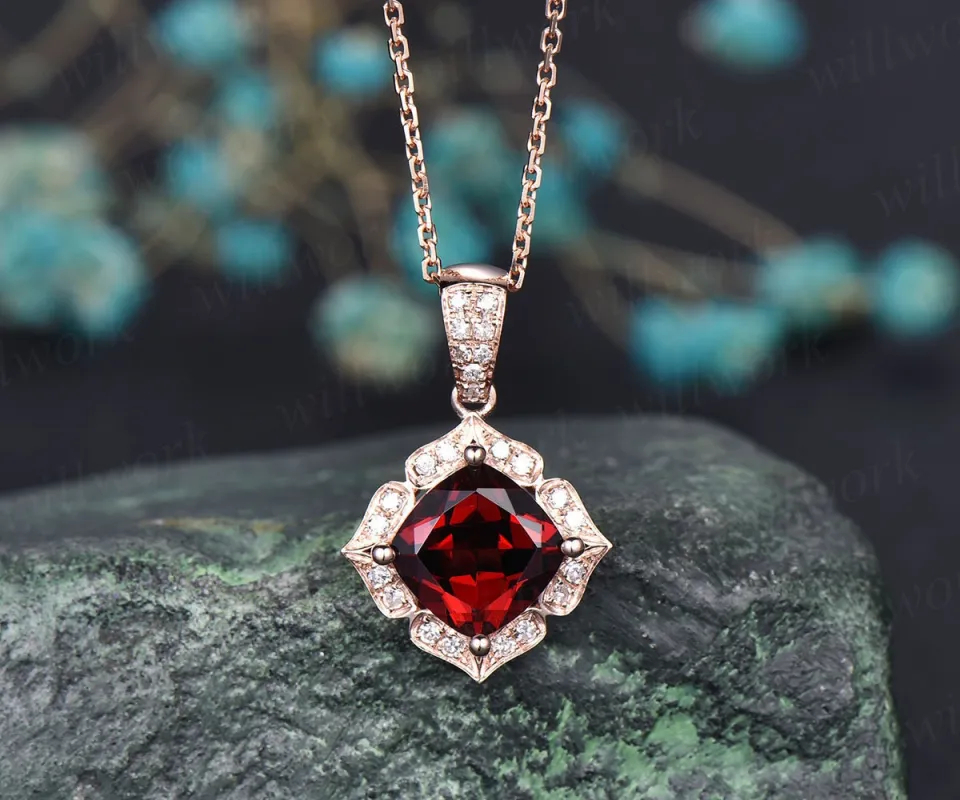 Flower halo real diamond red garnet necklace cushion garnet necklace 14k rose gold pendant January birthstone necklace dainty unique vintage sold by Willwork Jewelry