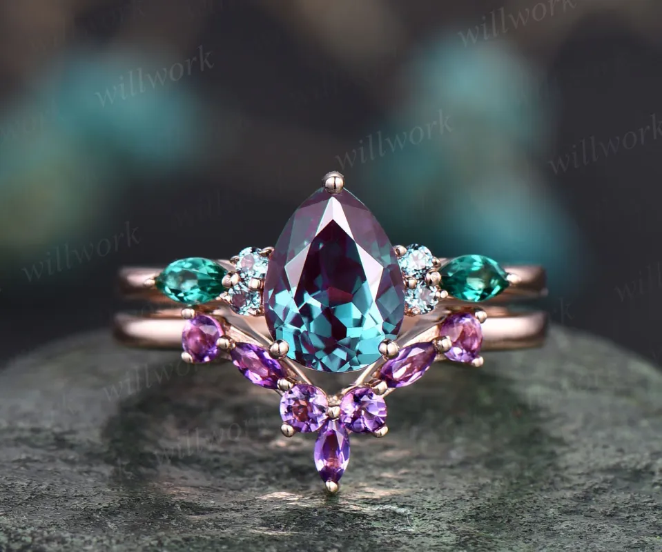Pear Alexandrite ring for women vintage Alexandrite engagement ring set art deco emerald ring amethyst wedding band unique wedding ring set sold by Willwork Jewelry