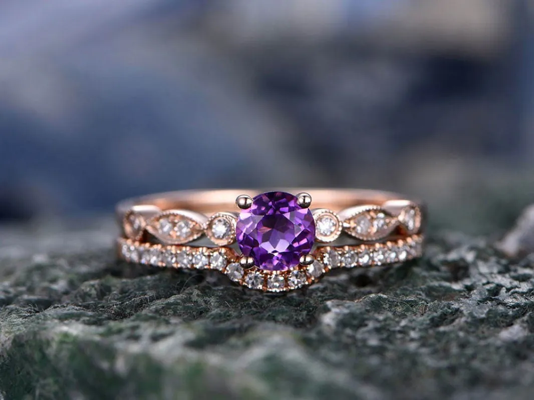 Amethyst Wedding Ring Set-Solid 14k rose gold-handmade diamond Engagement ring-Curved stacking band-5mm Round cut gemstone Bridal ring Set made by Willwork Jewelry