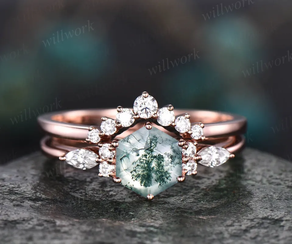 Green moss agate ring set gold silver vintage hexagon moss agate engagement ring set art deco ring women 7 stone moissanite wedding ring set sold by Willwork Jewelry