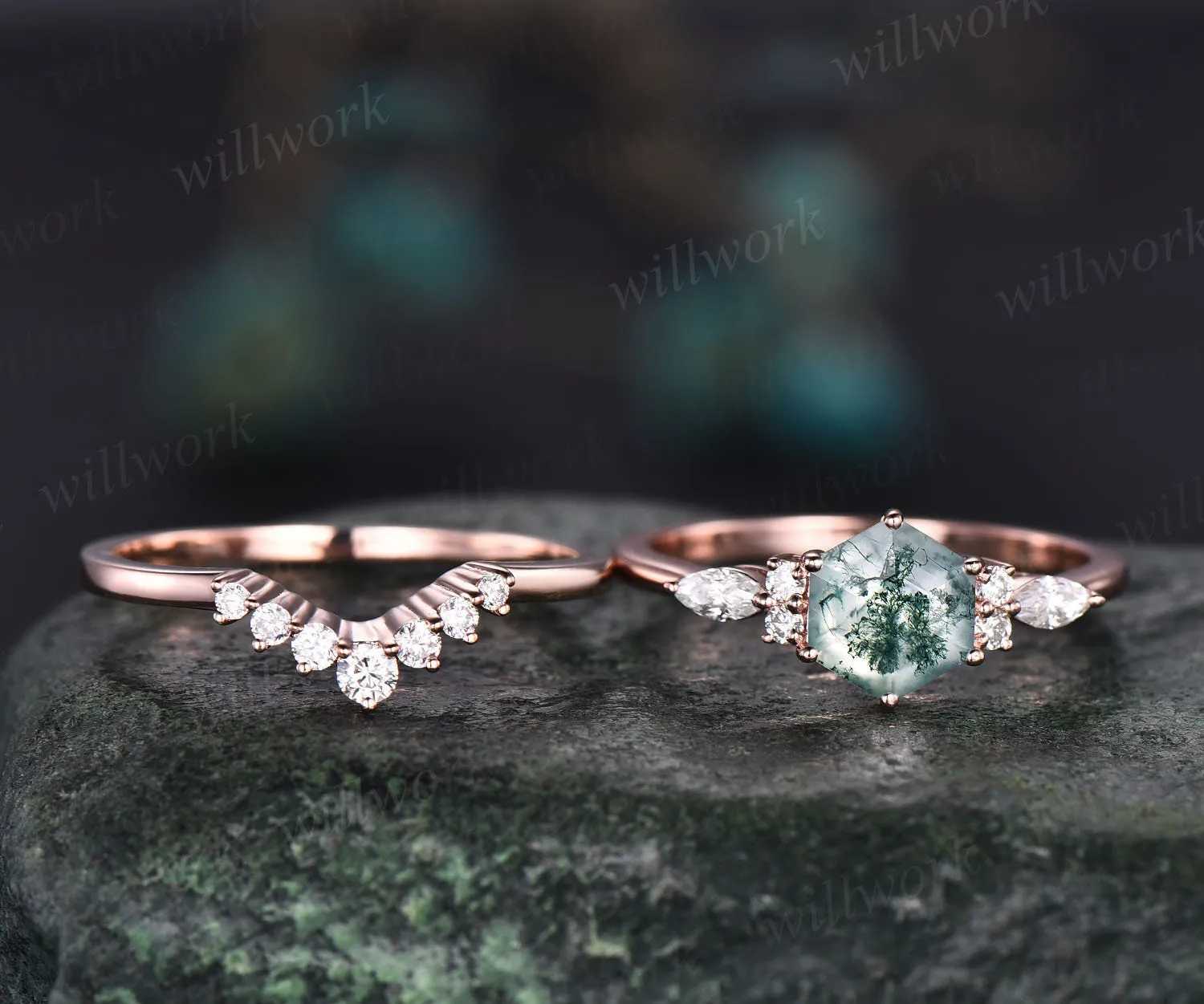 Green moss agate ring set gold silver vintage hexagon moss agate engagement ring set art deco ring women 7 stone moissanite wedding ring set sold by Willwork Jewelry product image thumbnail 3