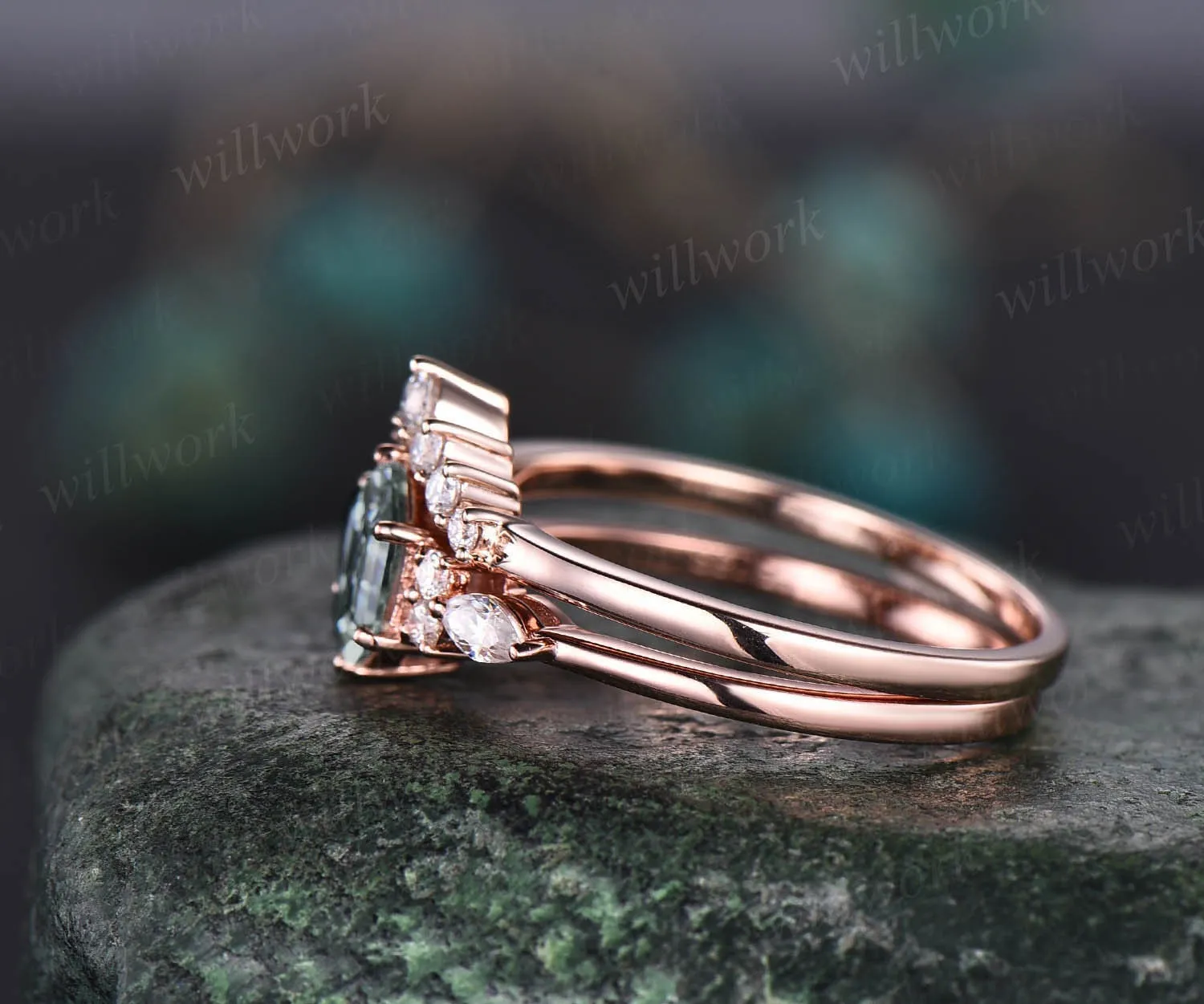 Green moss agate ring set gold silver vintage hexagon moss agate engagement ring set art deco ring women 7 stone moissanite wedding ring set sold by Willwork Jewelry product image thumbnail 5