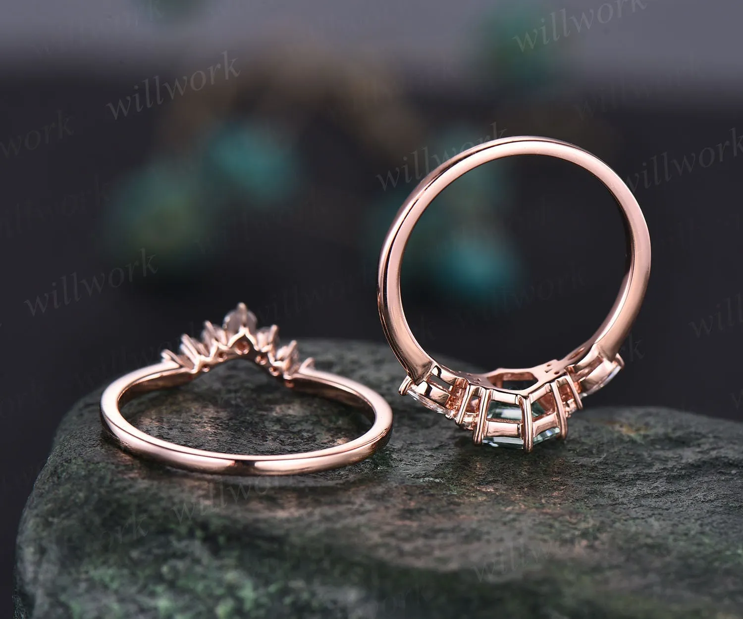 Green moss agate ring set gold silver vintage hexagon moss agate engagement ring set art deco ring women 7 stone moissanite wedding ring set sold by Willwork Jewelry product image thumbnail 4