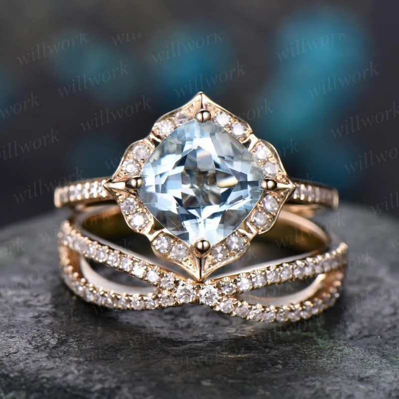 Blue aquamarine engagement ring set solid 14k yellow gold handmade diamond wedding ring 2PC stacking ring floral promise bridal ring set sold by Willwork Jewelry