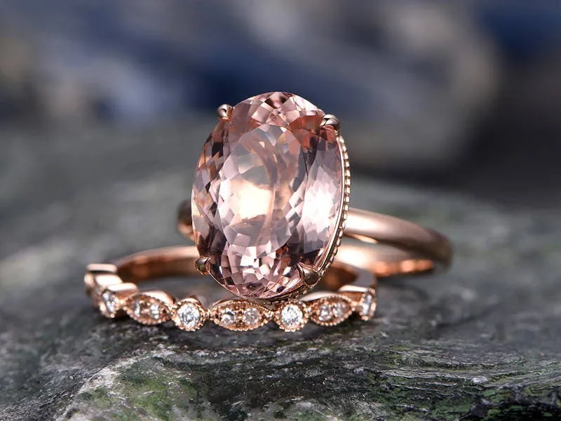 11x14mm pink morganite engagement ring handmade solid 14k rose gold wedding ring real marquise diamond band promise ring 2pc bridal ring set sold by Willwork Jewelry product image thumbnail 3