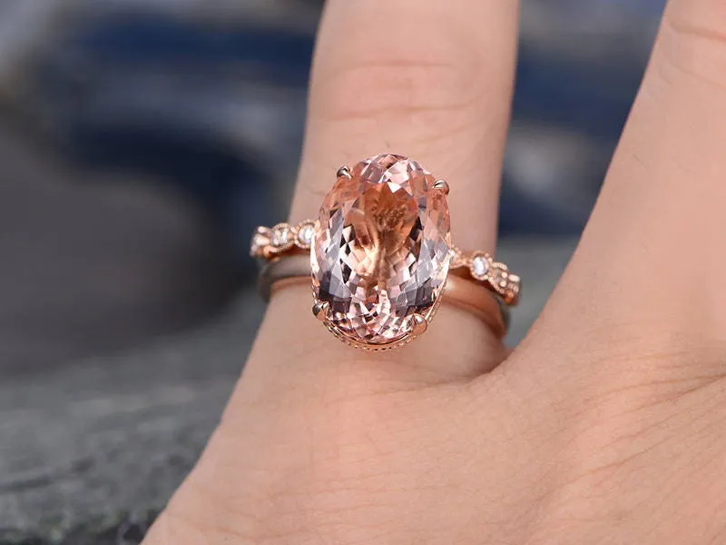 11x14mm pink morganite engagement ring handmade solid 14k rose gold wedding ring real marquise diamond band promise ring 2pc bridal ring set sold by Willwork Jewelry product image thumbnail 2