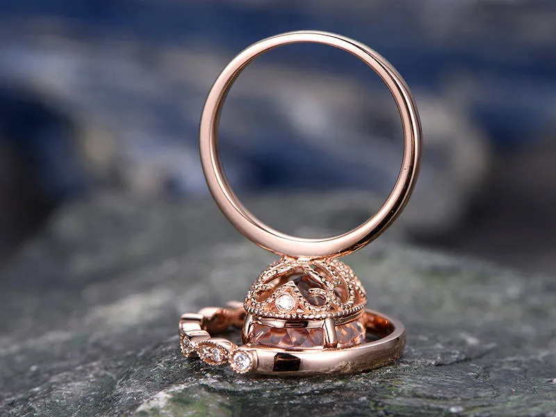 11x14mm pink morganite engagement ring handmade solid 14k rose gold wedding ring real marquise diamond band promise ring 2pc bridal ring set sold by Willwork Jewelry product image thumbnail 5