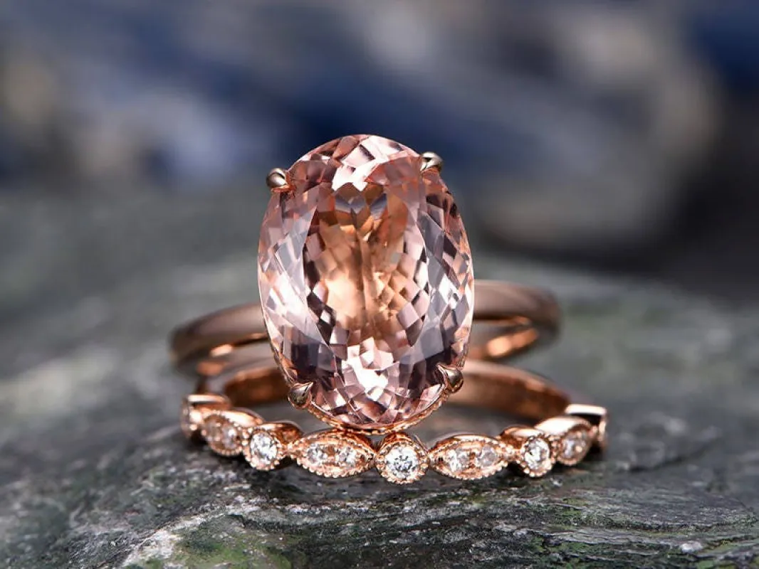11x14mm pink morganite engagement ring handmade solid 14k rose gold wedding ring real marquise diamond band promise ring 2pc bridal ring set made by Willwork Jewelry