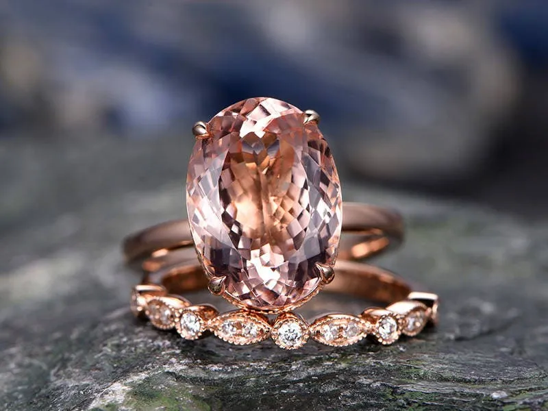 11x14mm pink morganite engagement ring handmade solid 14k rose gold wedding ring real marquise diamond band promise ring 2pc bridal ring set sold by Willwork Jewelry