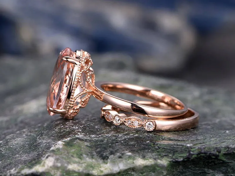 11x14mm pink morganite engagement ring handmade solid 14k rose gold wedding ring real marquise diamond band promise ring 2pc bridal ring set sold by Willwork Jewelry product image thumbnail 4