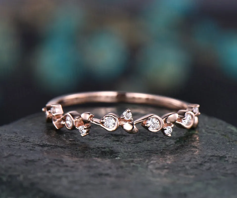 Flower diamond wedding ring unique half eternity diamond wedding band vintage stacking matching ring anniversary birthday graduation gift sold by Willwork Jewelry