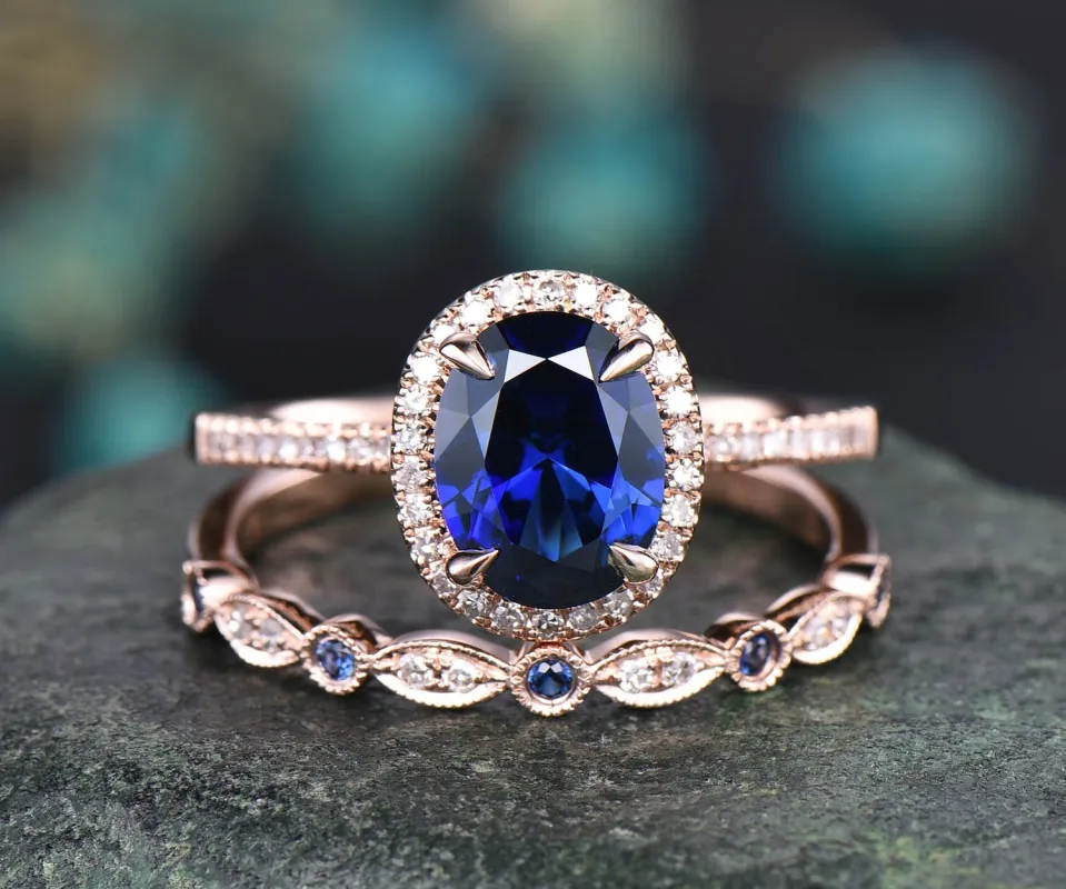 Rose gold ring set 2pcs 7x9 oval blue sapphire engagement ring set diamond bridal set natural sapphire wedding ring band sapphire jewelry sold by Willwork Jewelry