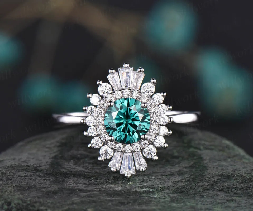 Unique vintage 1ct moissanite engagement ring round Colorful Green moissanite engagement ring 14k white gold CZ halo cluster ring jewelry sold by Willwork Jewelry