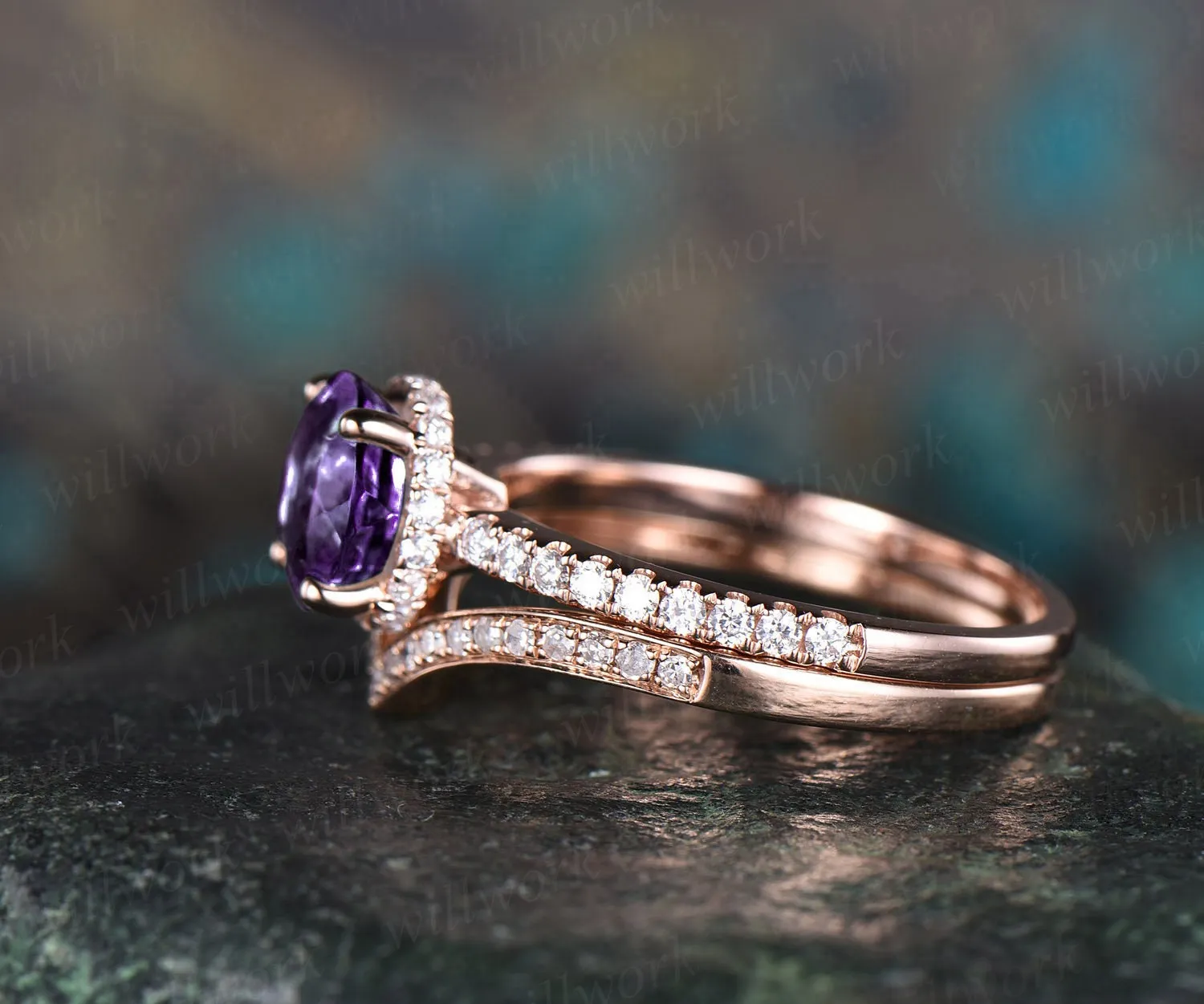 Purple amethyst engagement ring set rose gold under halo moissanite 2pc stacking matching crown unique wedding bridal promise ring set gift sold by Willwork Jewelry product image thumbnail 5