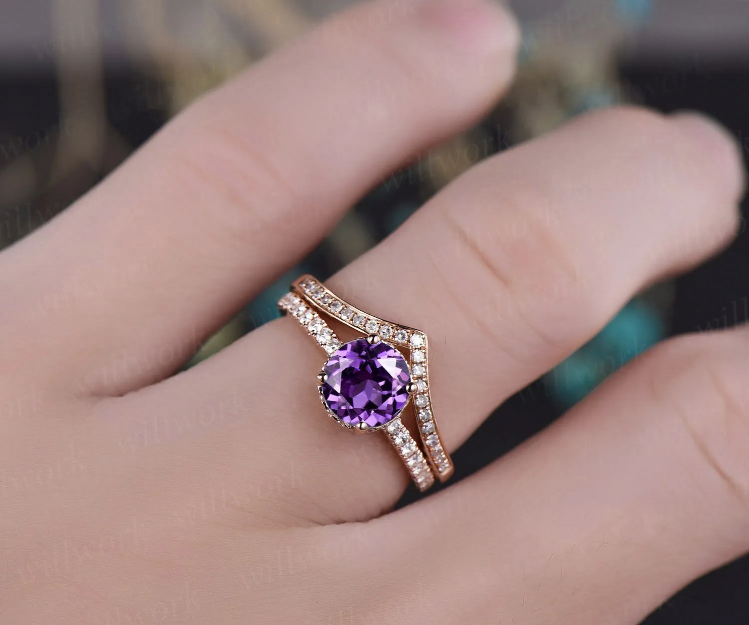 Purple amethyst engagement ring set rose gold under halo moissanite 2pc stacking matching crown unique wedding bridal promise ring set gift sold by Willwork Jewelry product image thumbnail 4