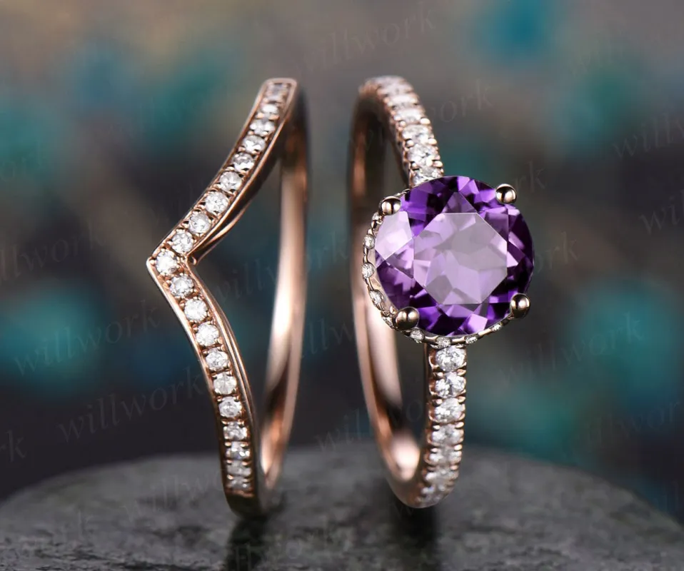 Purple amethyst engagement ring set rose gold under halo moissanite 2pc stacking matching crown unique wedding bridal promise ring set gift made by Willwork Jewelry
