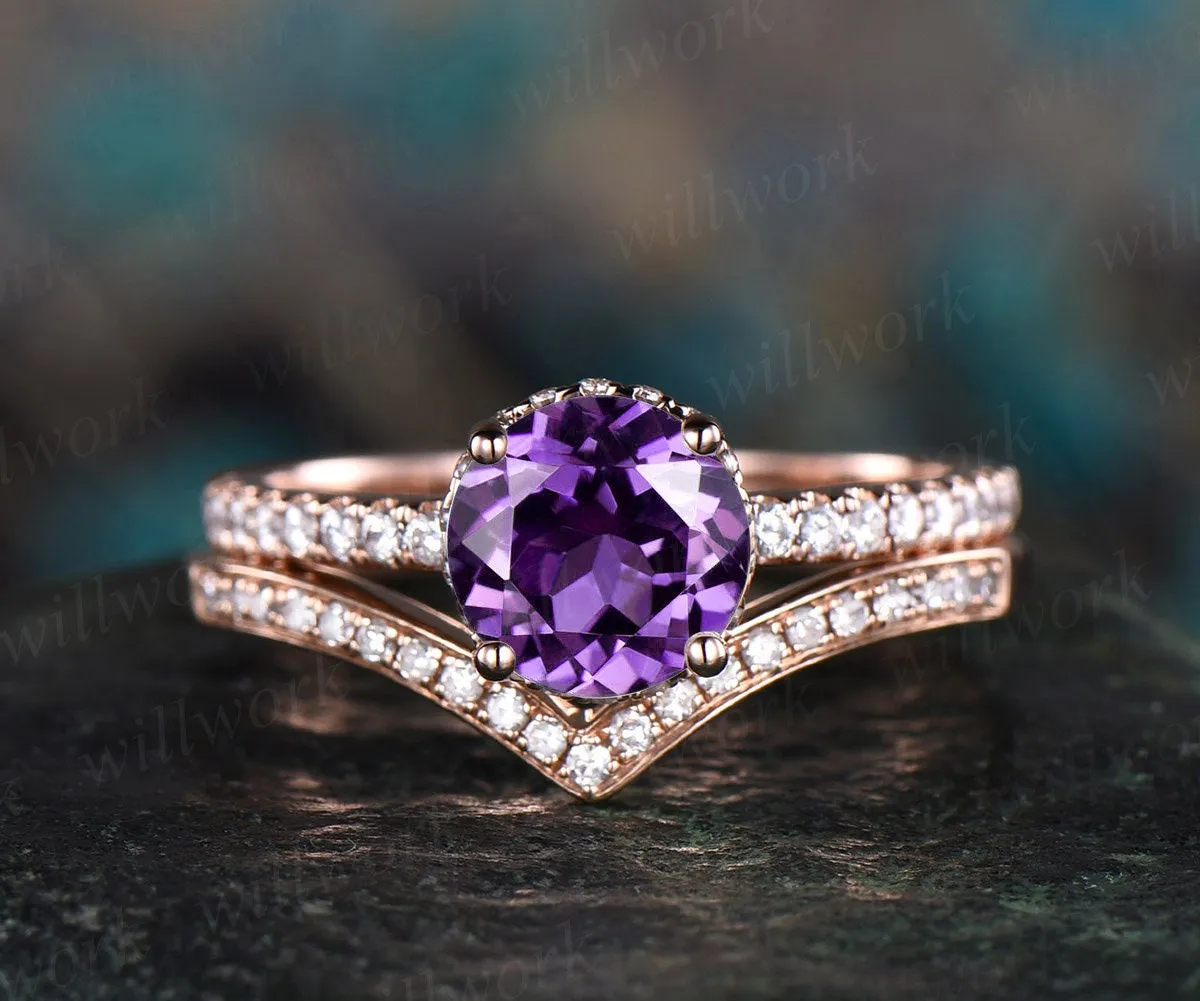 Purple amethyst engagement ring set rose gold under halo moissanite 2pc stacking matching crown unique wedding bridal promise ring set gift sold by Willwork Jewelry product image thumbnail 2
