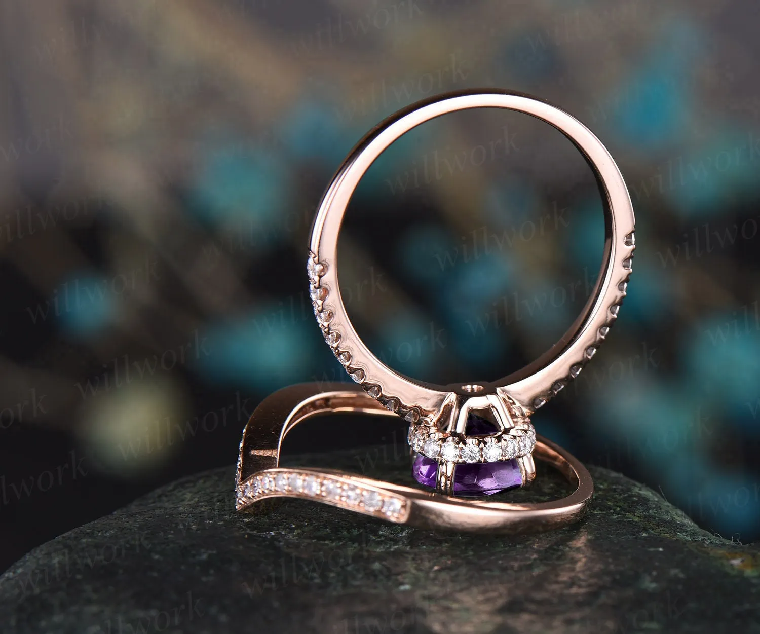 Purple amethyst engagement ring set rose gold under halo moissanite 2pc stacking matching crown unique wedding bridal promise ring set gift sold by Willwork Jewelry product image thumbnail 3