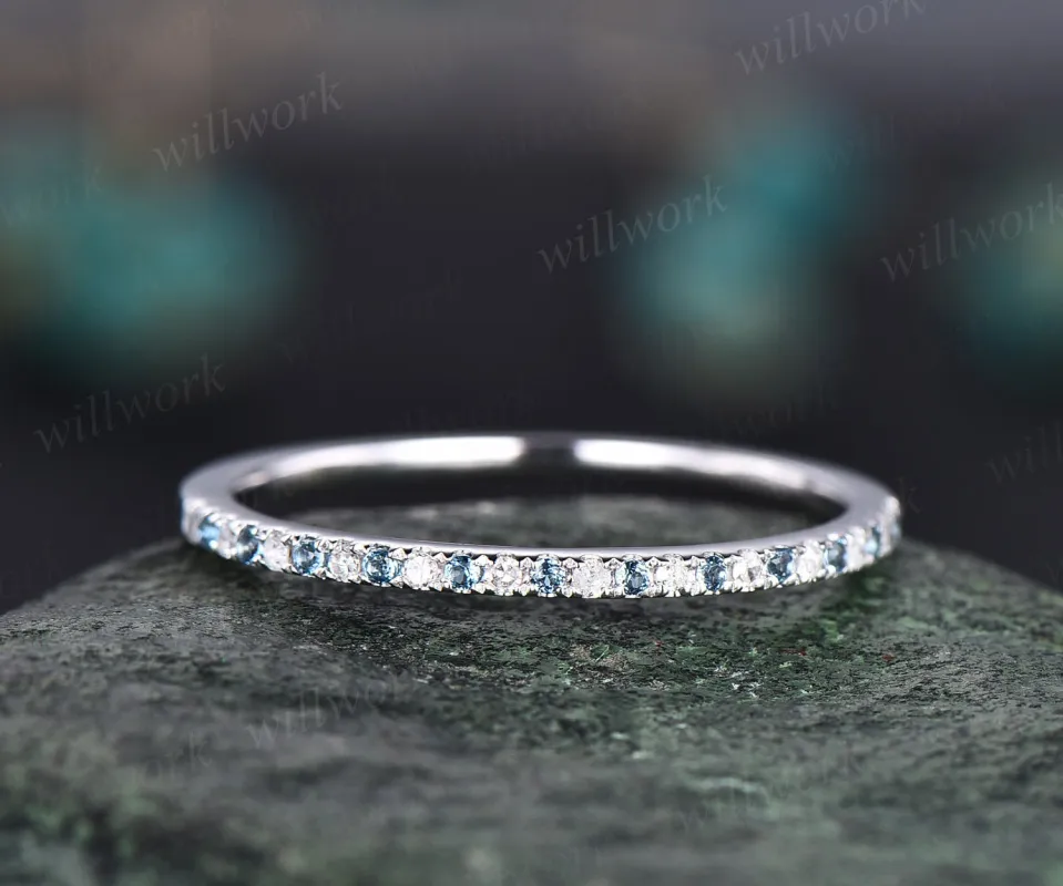 Diamond wedding band 14k white gold ring London blue topaz wedding band half eternity wedding ring band Minimalist dainty bridal ring gifts sold by Willwork Jewelry