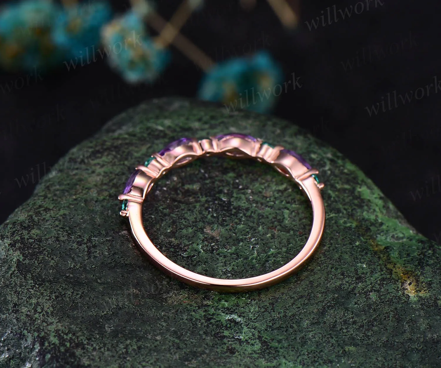 Marquise cut amethyst wedding band half eternity natural emerald wedding band 14k rose gold art deco stacking ring women anniversary band sold by Willwork Jewelry product image thumbnail 5