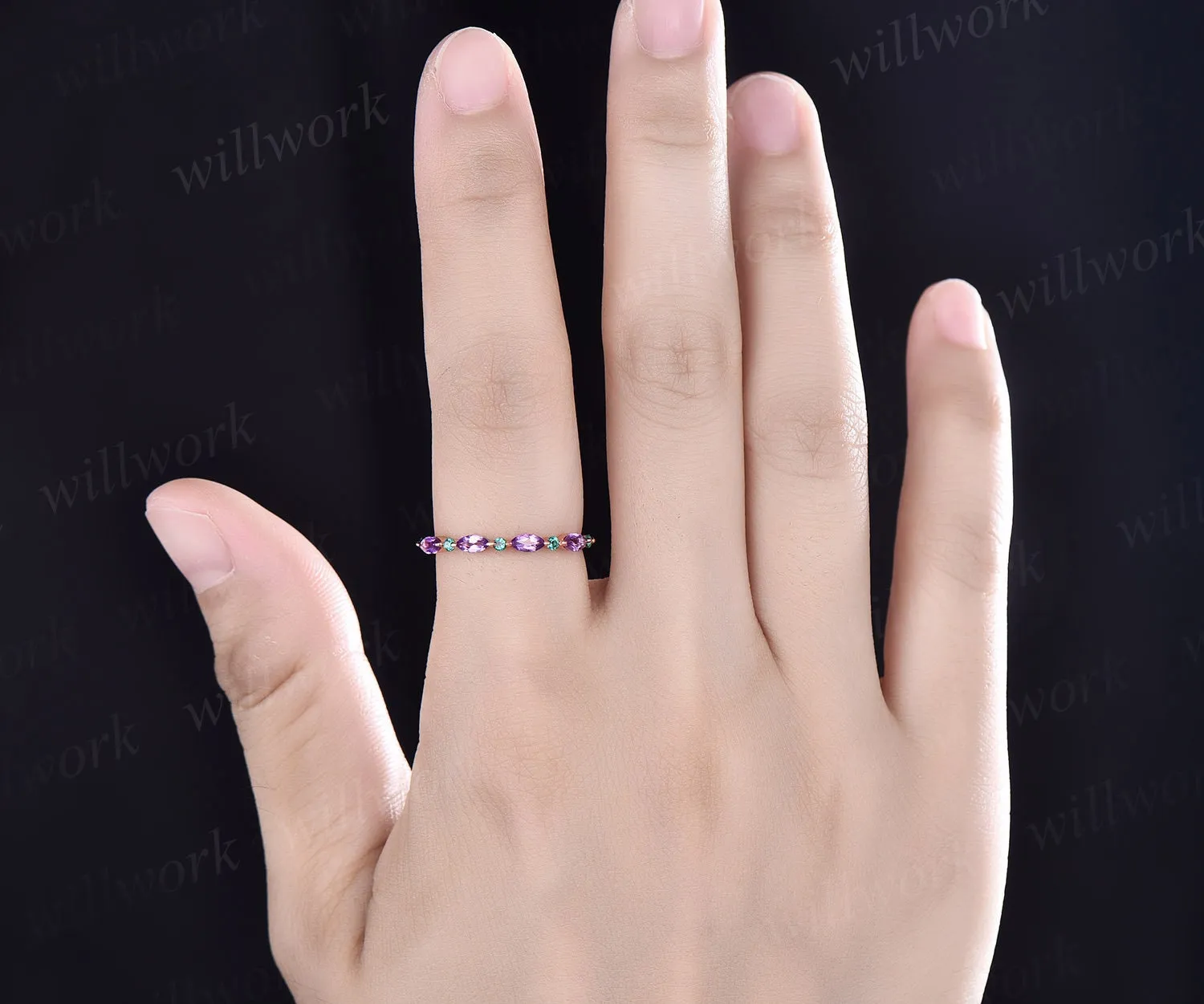 Marquise cut amethyst wedding band half eternity natural emerald wedding band 14k rose gold art deco stacking ring women anniversary band sold by Willwork Jewelry product image thumbnail 2