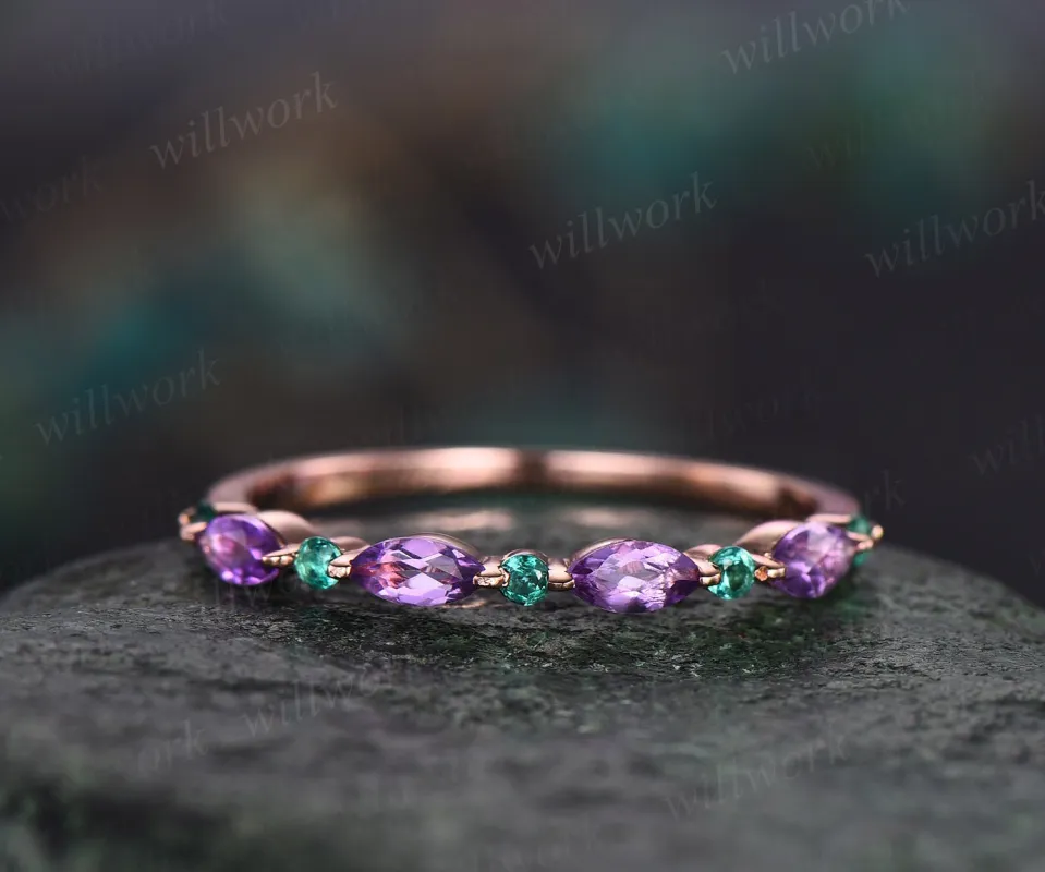Marquise cut amethyst wedding band half eternity natural emerald wedding band 14k rose gold art deco stacking ring women anniversary band sold by Willwork Jewelry