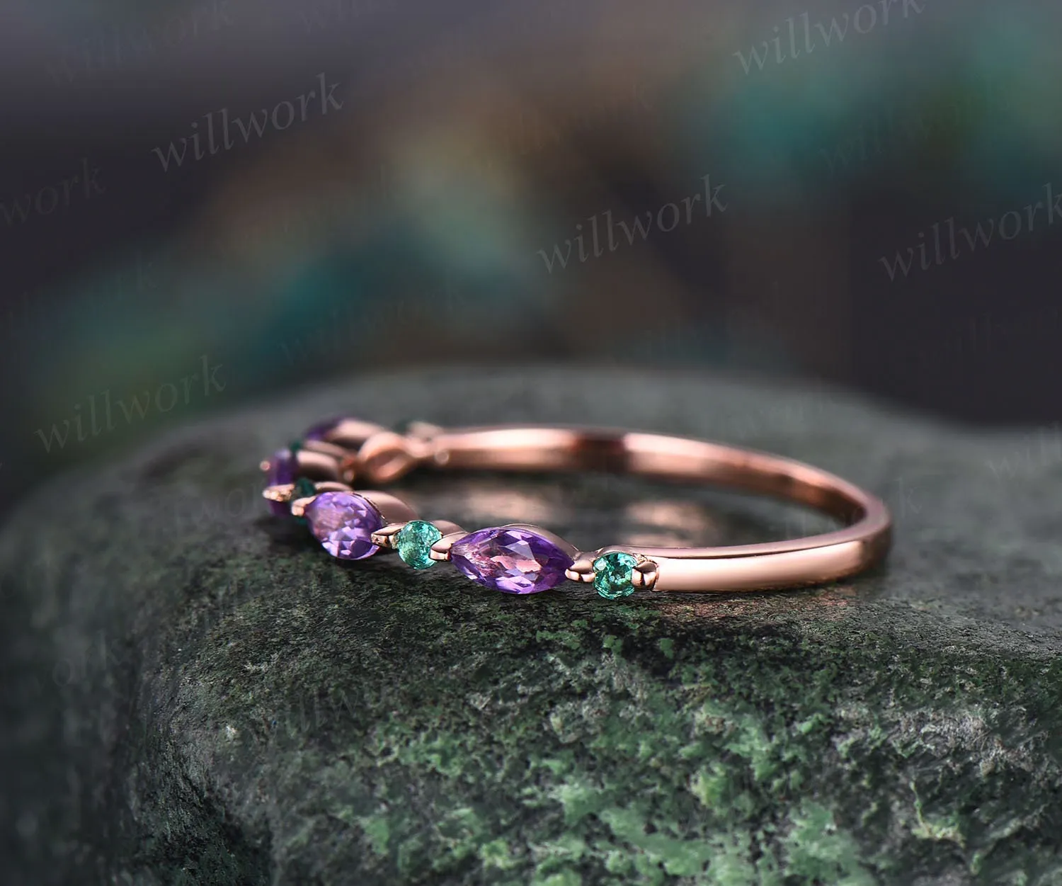 Marquise cut amethyst wedding band half eternity natural emerald wedding band 14k rose gold art deco stacking ring women anniversary band sold by Willwork Jewelry product image thumbnail 4