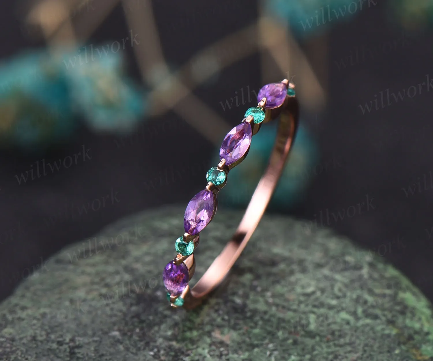 Marquise cut amethyst wedding band half eternity natural emerald wedding band 14k rose gold art deco stacking ring women anniversary band sold by Willwork Jewelry product image thumbnail 3