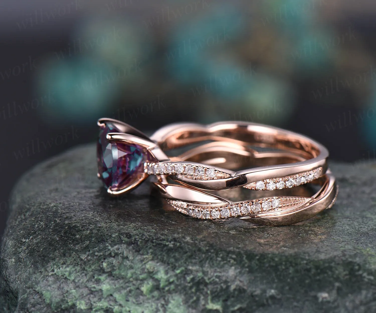 Vintage unique engagement ring 2pcs Alexandrite engagement ring set 14k rose gold full eternity diamond ring promise bridal wedding ring set sold by Willwork Jewelry product image thumbnail 5